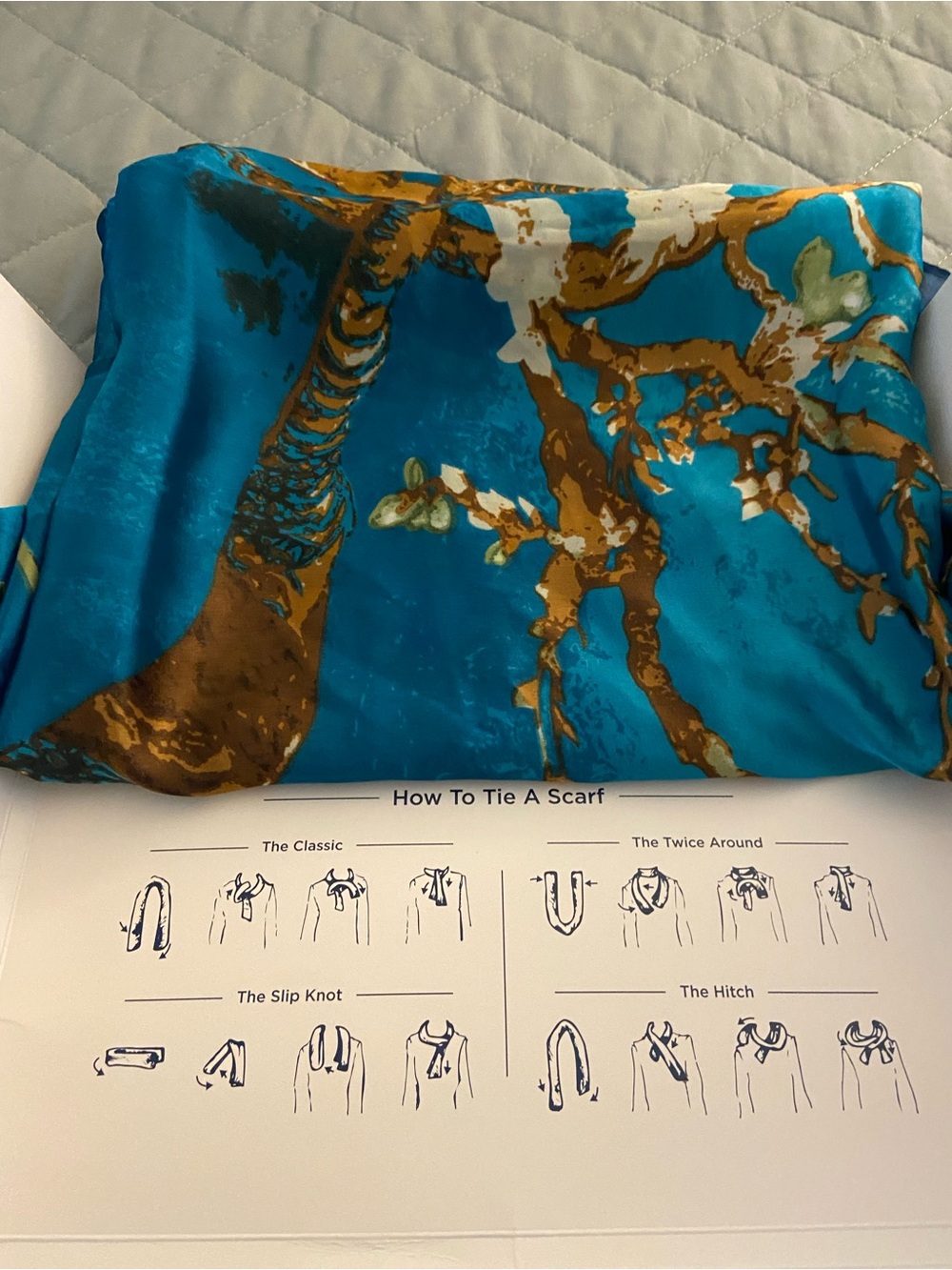 Turquoise Botanical Print Silk-Feel Scarf - Unbranded